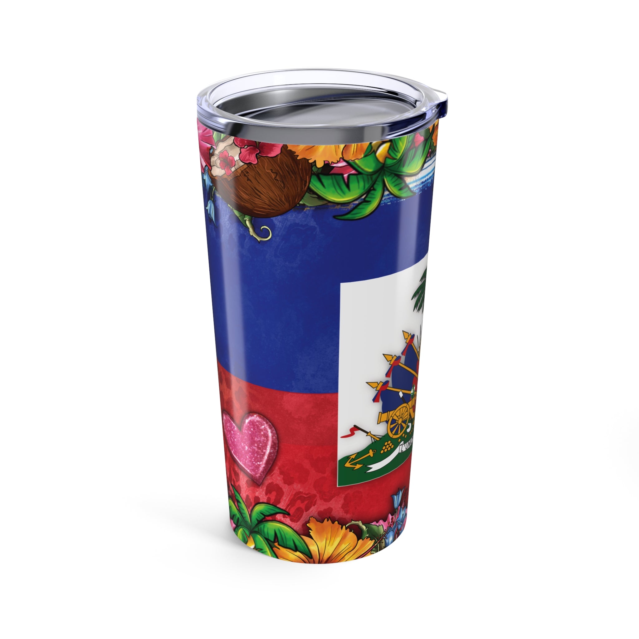 Colorful Haitian Flag Tumbler - 20oz Insulated Travel Mug with Floral Design