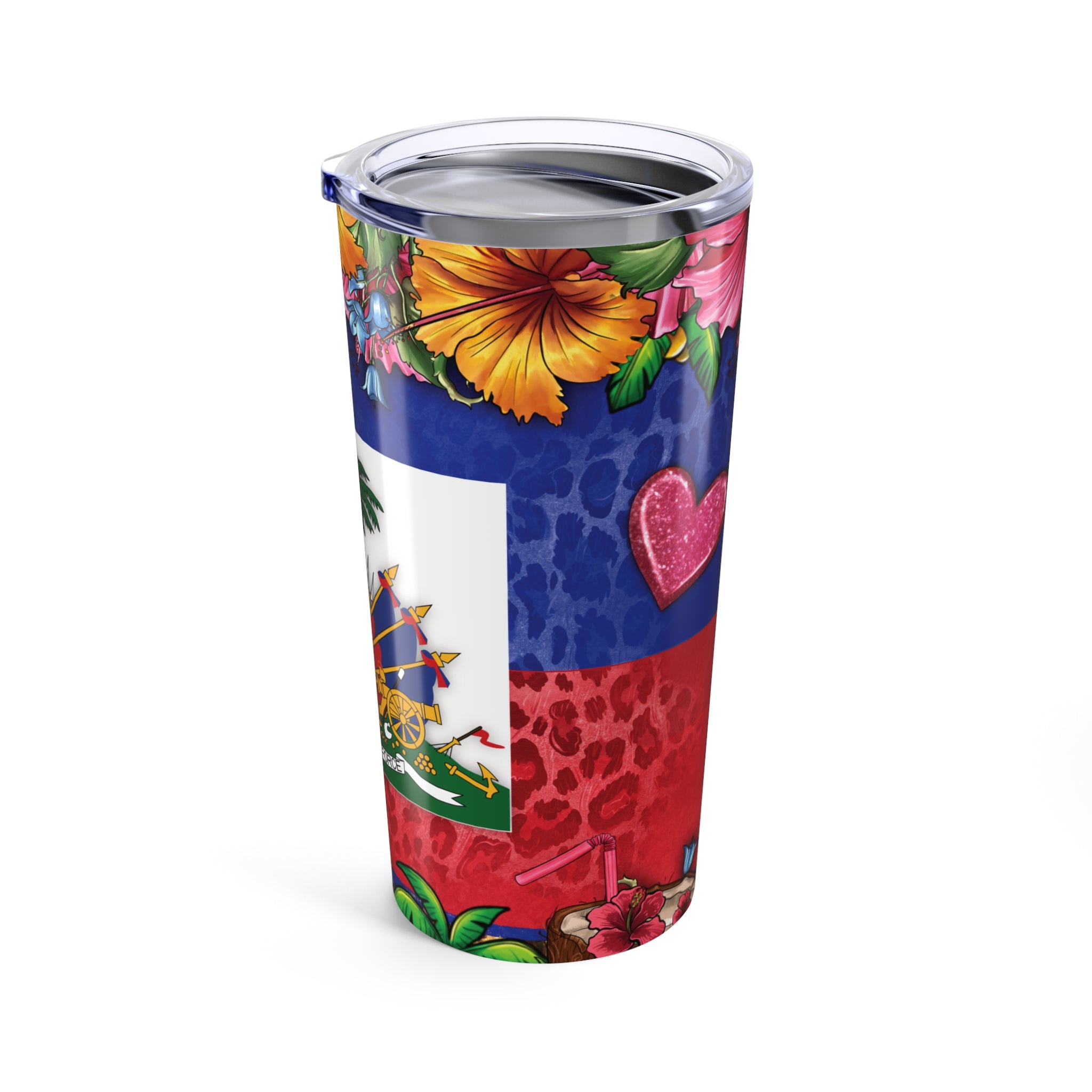 Colorful Haitian Flag Tumbler - 20oz Insulated Travel Mug with Floral Design