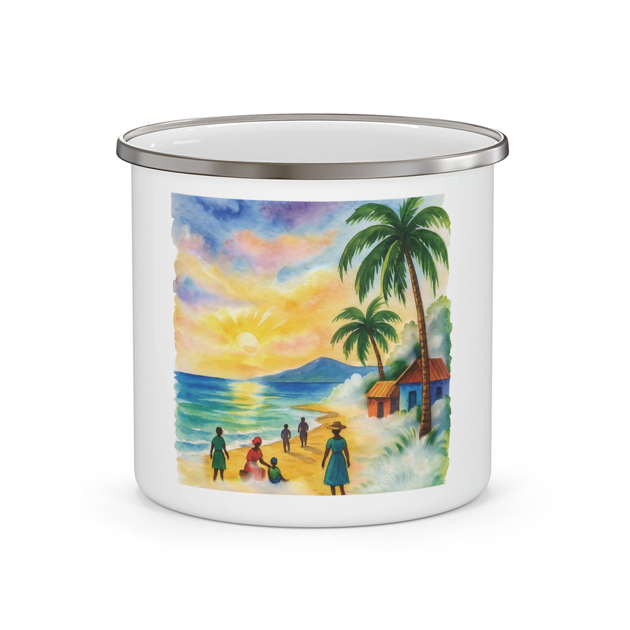 Tropical Enamel Camping Mug, Beach Scene Travel Mug, Outdoor Adventure Gift, Camping Essential, Summer Sipware, Fun Beach Lover's Cup