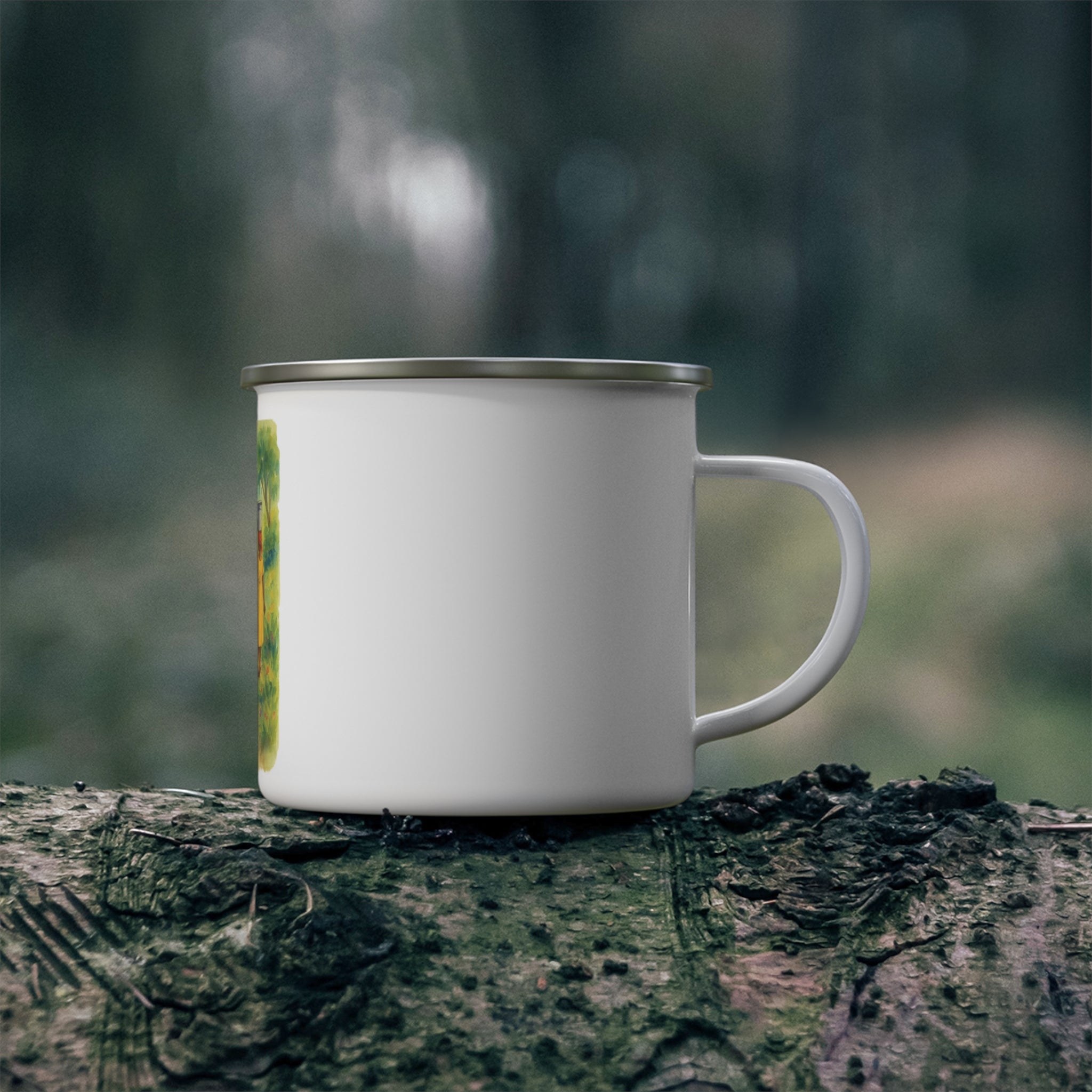 Rustic Enamel Camping Mug with Nature Design, Outdoor Coffee Cup, Gift for Adventurers, Campfire Mug, Travel Mug, Hiking