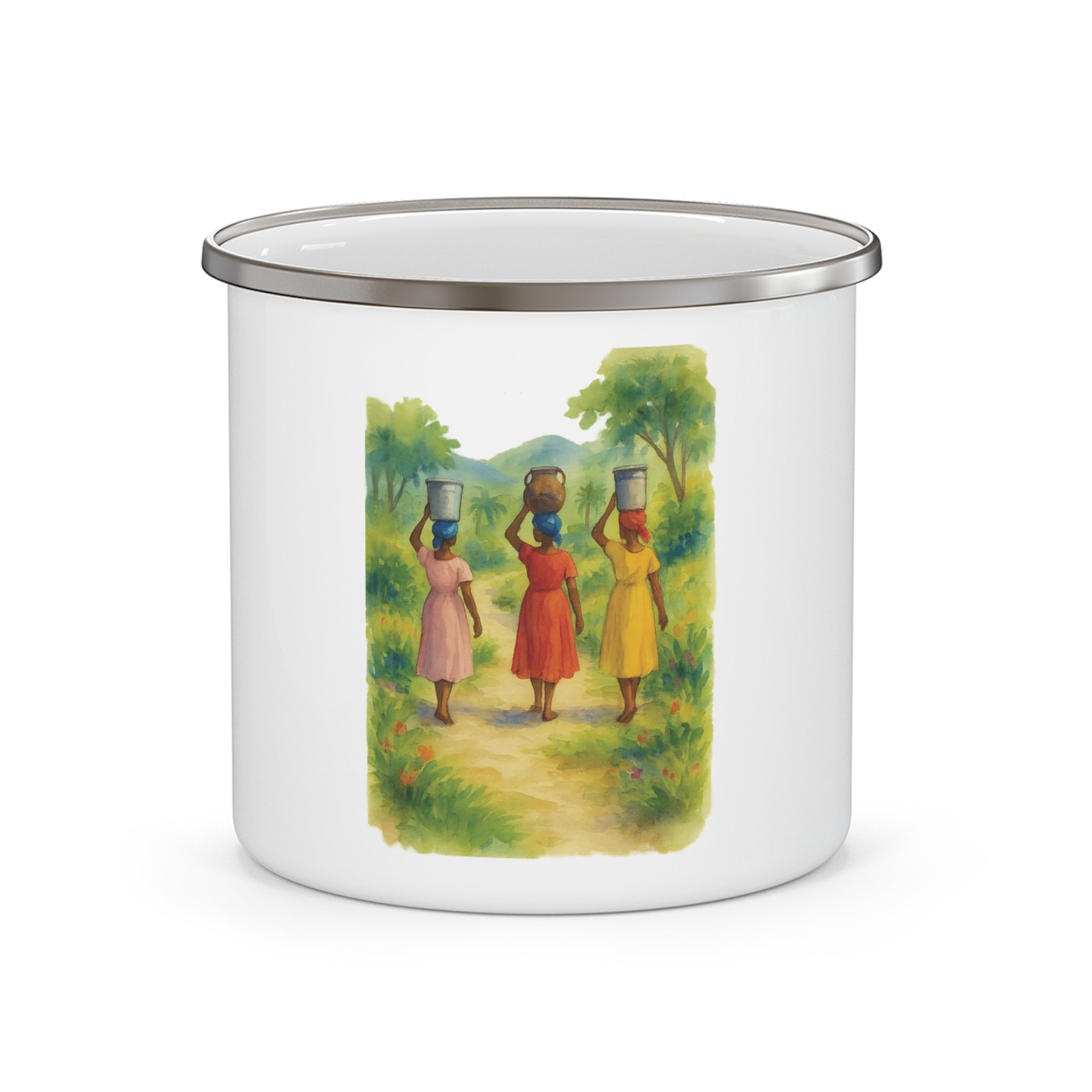 Rustic Enamel Camping Mug with Nature Design, Outdoor Coffee Cup, Gift for Adventurers, Campfire Mug, Travel Mug, Hiking